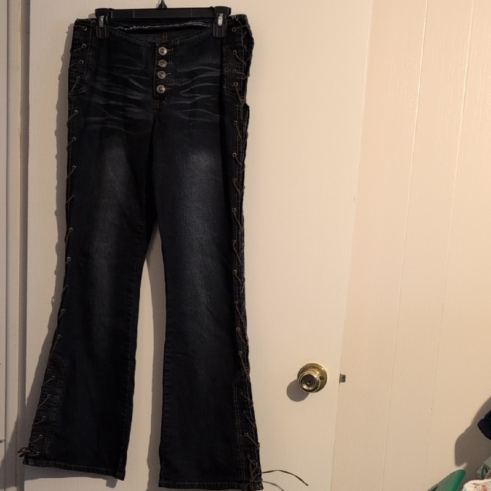 Women’s Black Boot Cut Jeans with Side Lace-Up Detail Q Point